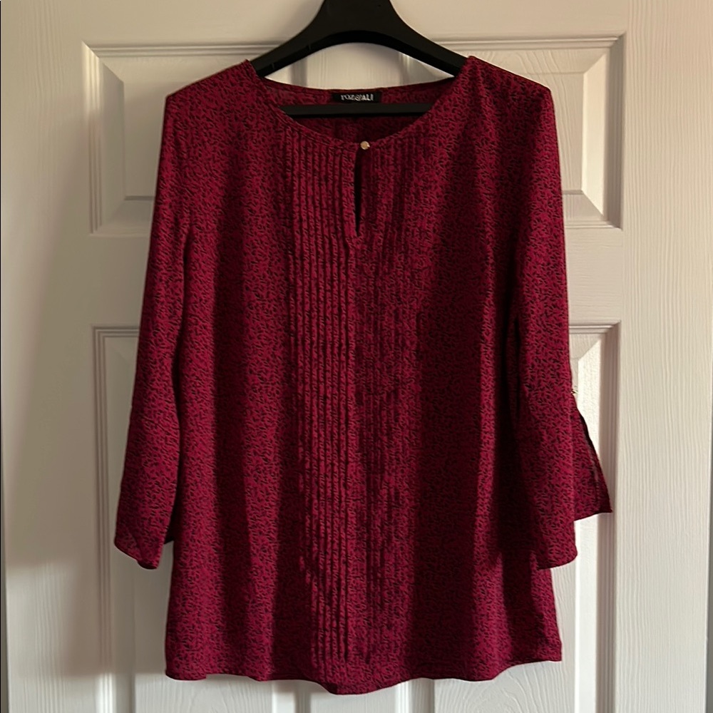 Roz & Ali Red Blouse with 3/4 Sleeves and Mandarin Collar